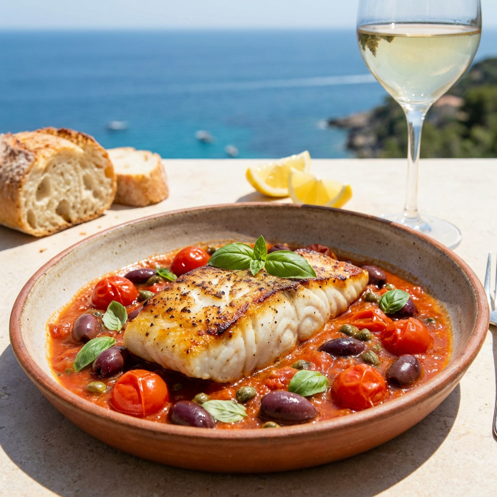 Pan-seared white fish fillet in tomato sauce with olives and basil overlooking the blue sea.