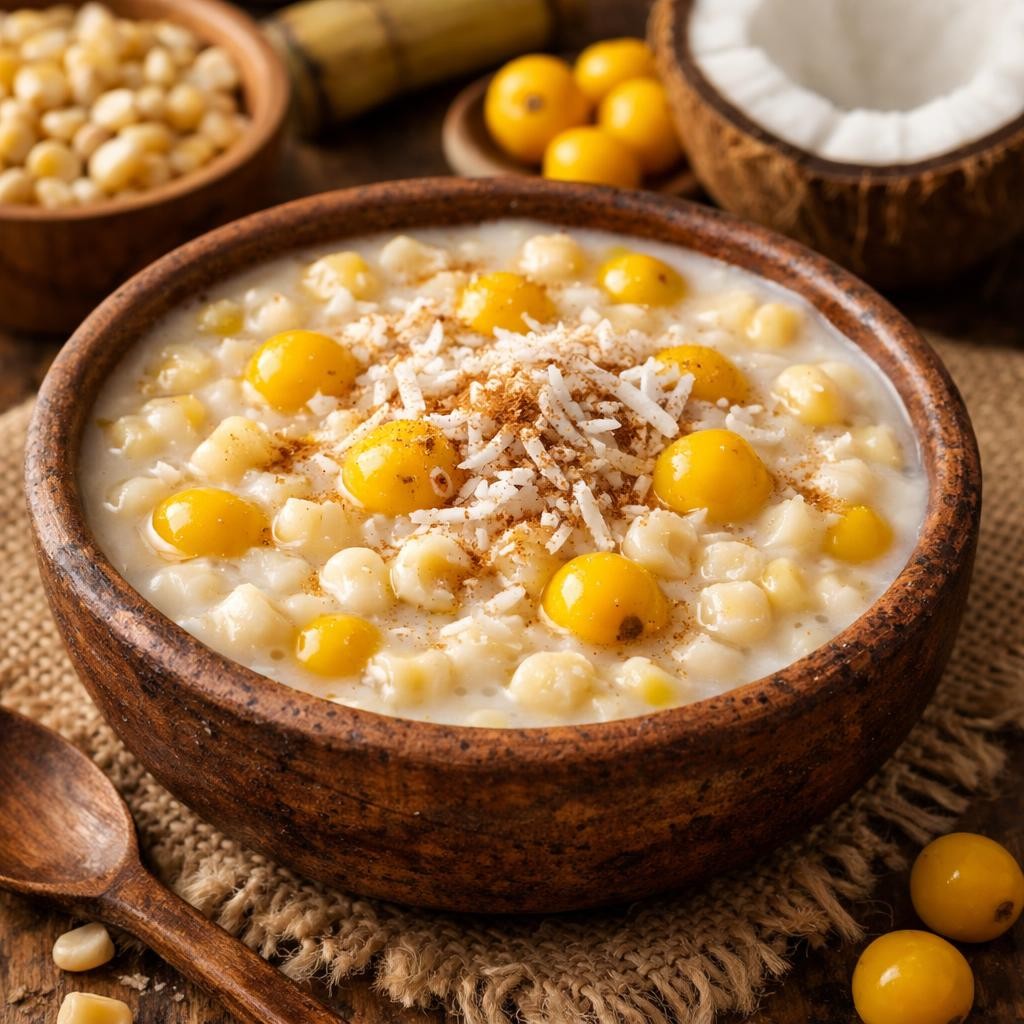 Creamy hominy dish with yellow berries, shredded coconut, and cinnamon in a wooden bowl.