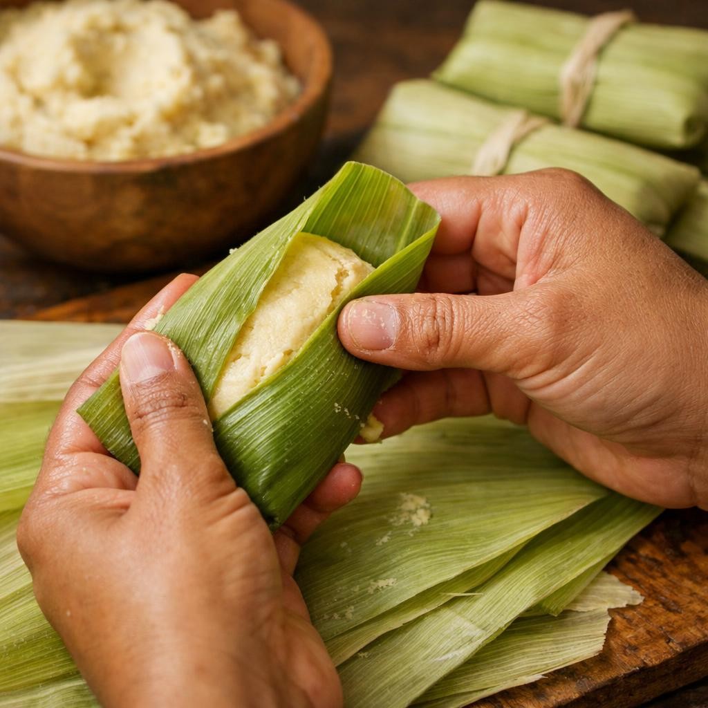 Hands wrapping masa dough inside a corn husk for tamale preparation