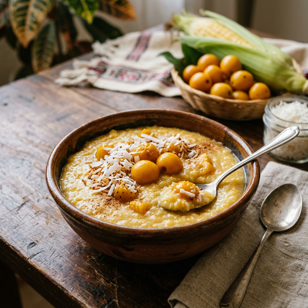 Bowl of corn pudding with yellow berries and shredded coconut on wooden table