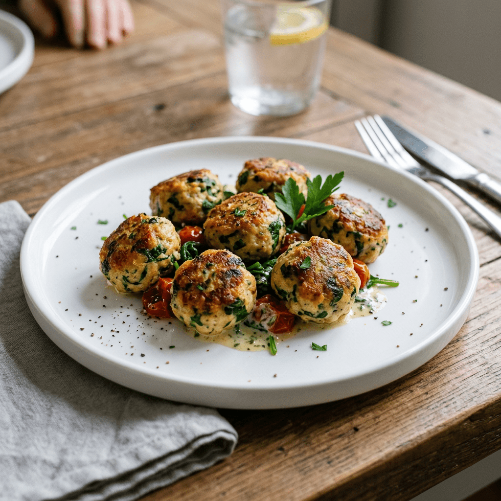 Seven browned spinach chicken meatballs on a white plate with roasted cherry tomatoes and creamy sauce