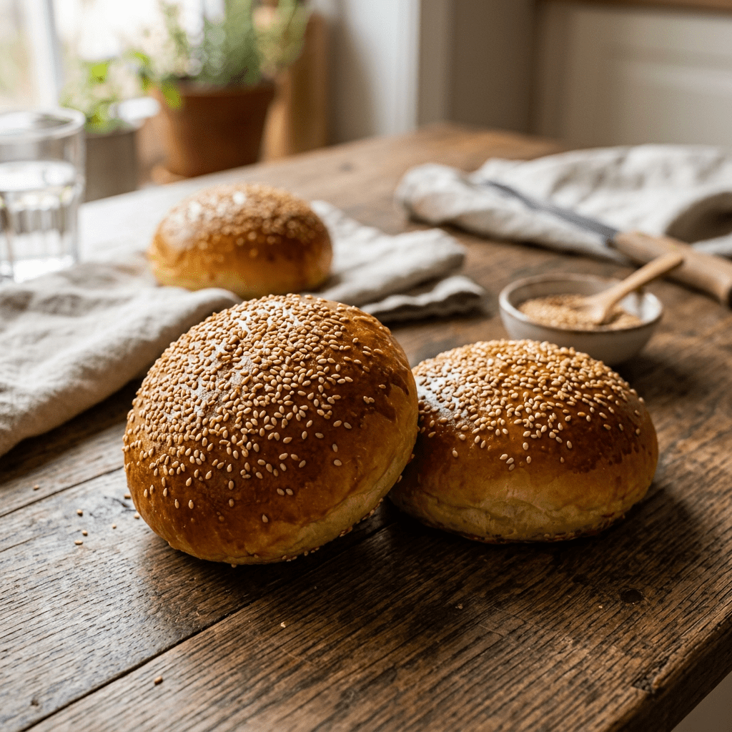 Three golden brown sesame seed burger buns on a wooden table with a bowl of seeds and cloth nearby