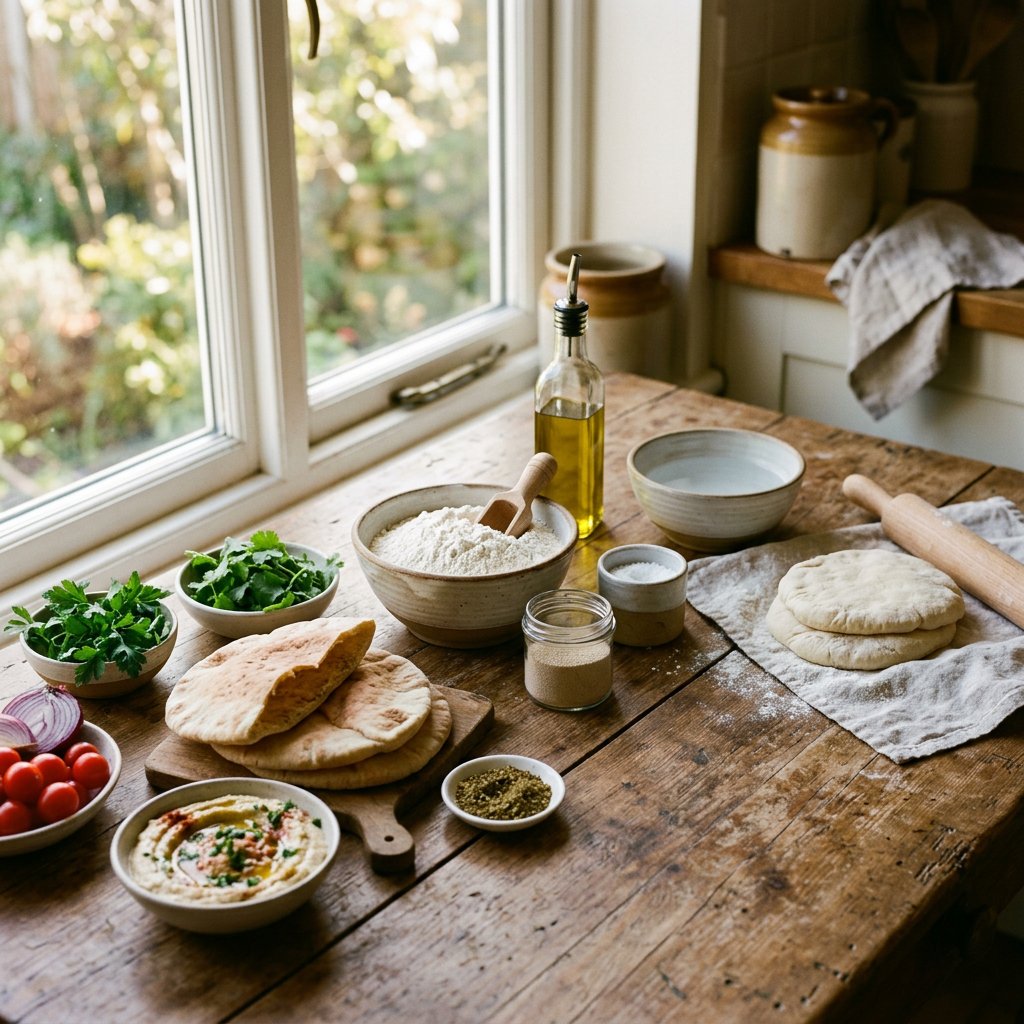 Bowls of flour, herbs, cherry tomatoes, hummus, olive oil bottle, and flatbread dough on wooden table