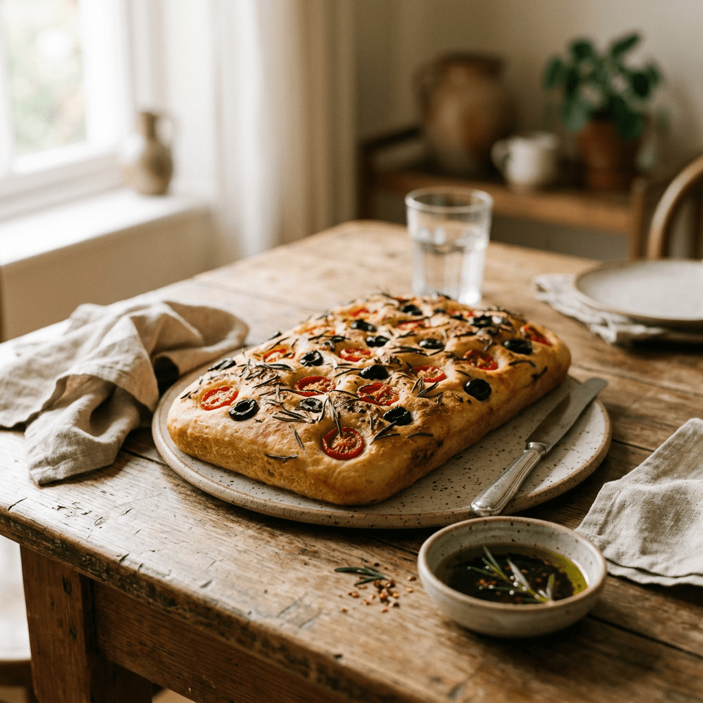 Rectangular focaccia bread with tomatoes, olives, and rosemary on a ceramic plate