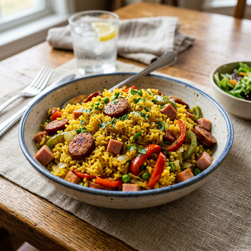 Bowl of seasoned rice with sausage slices, diced ham, red and green bell peppers, peas, and garnished with herbs