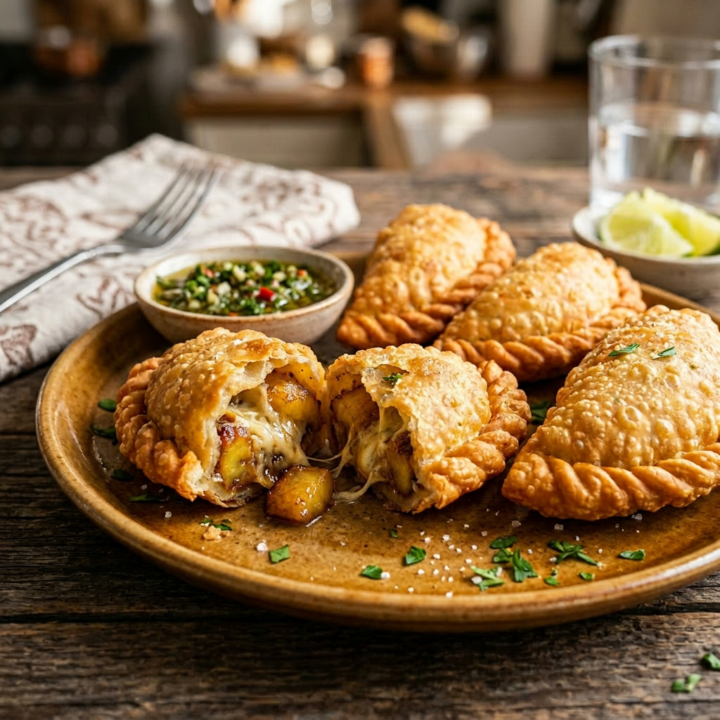 Crispy fried pastries stuffed with cheese and potatoes with dipping sauce on the side