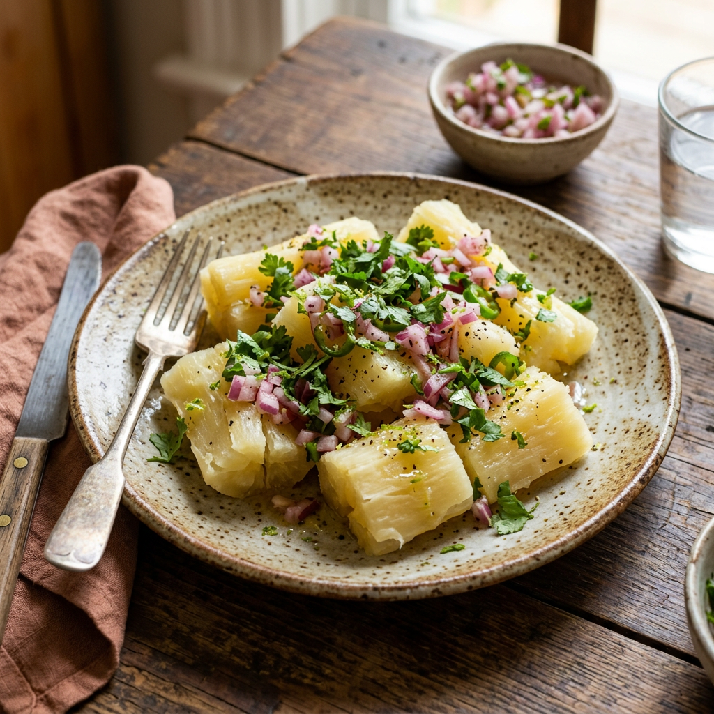 Steamed cassava pieces garnished with chopped red onions and fresh cilantro on a speckled ceramic plate