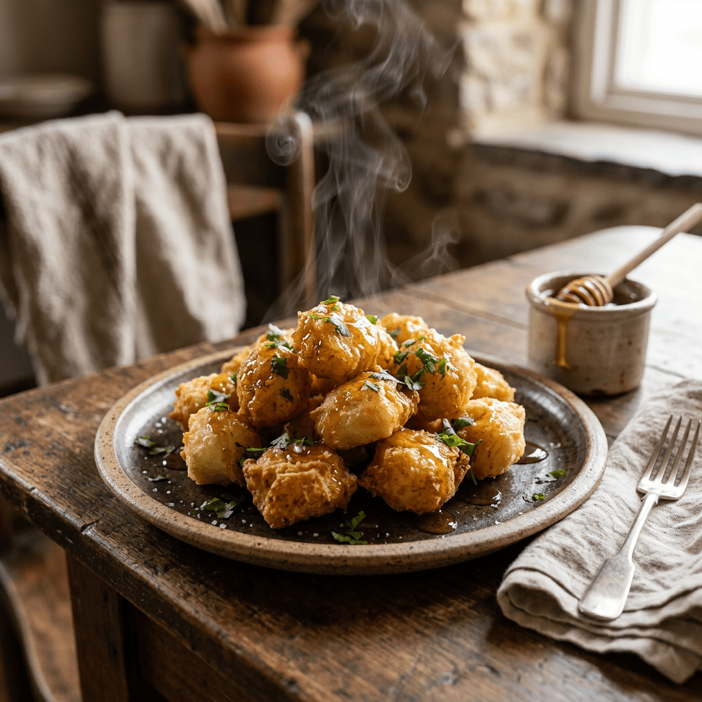 Steaming yuca fritters with honey on rustic plate