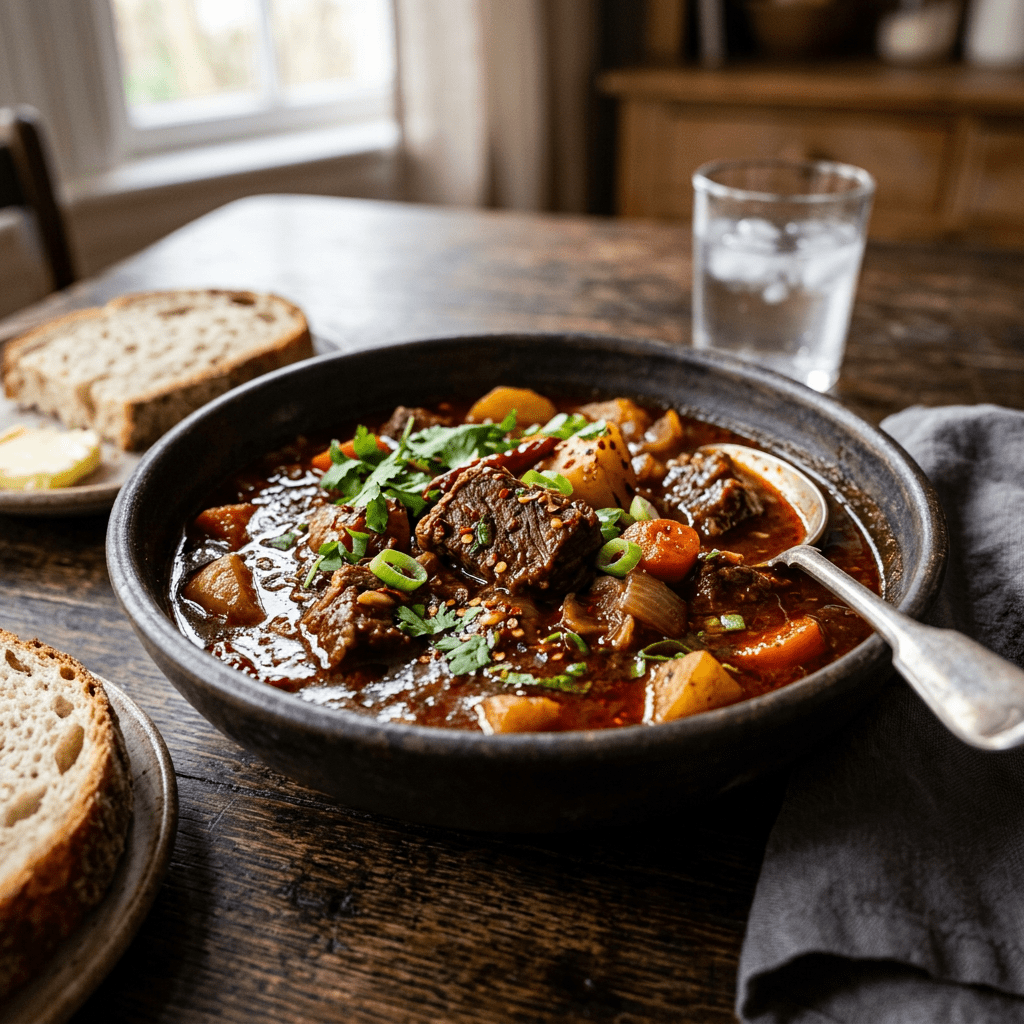 Bowl of beef stew with carrots, potatoes, green onions, and parsley