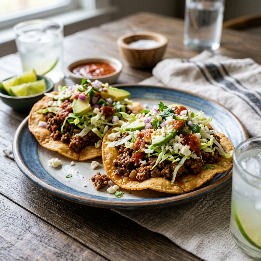 Two tostadas with seasoned beef, lettuce, avocado slices, cheese, red onions, and salsa on a blue-rimmed plate