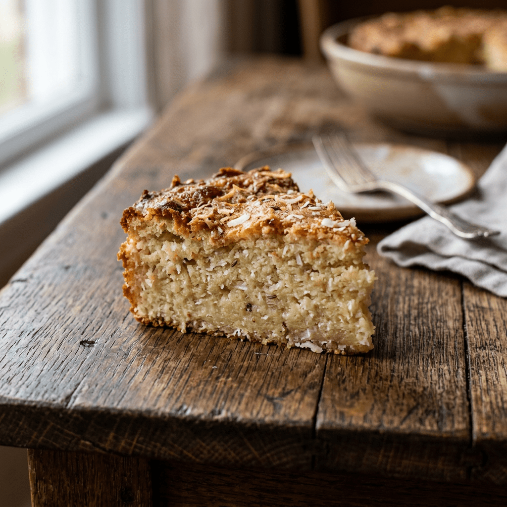 A slice of homemade coconut cake with toasted shredded coconut on top