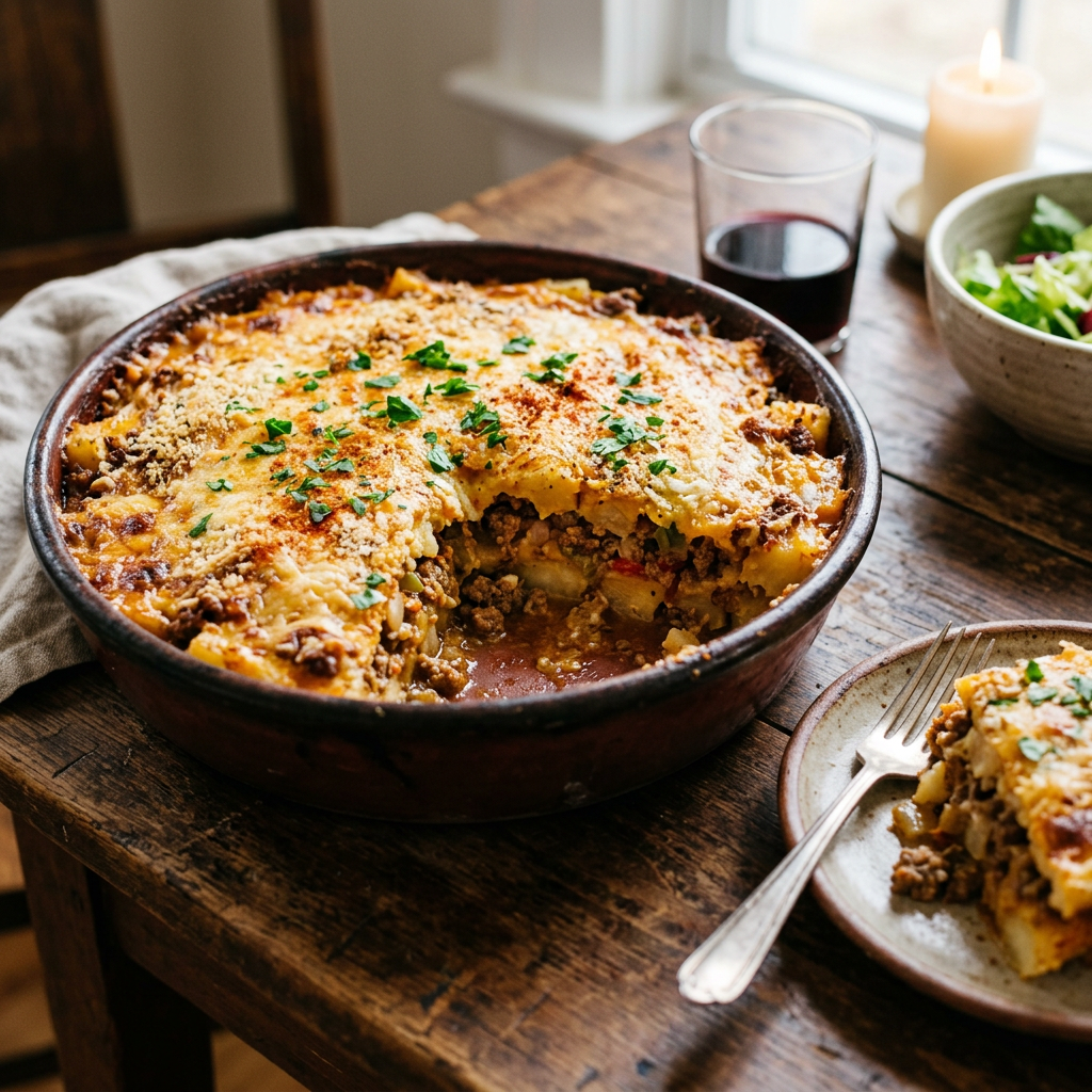 Baked shepherd's pie with minced meat and mashed potato topping garnished with parsley