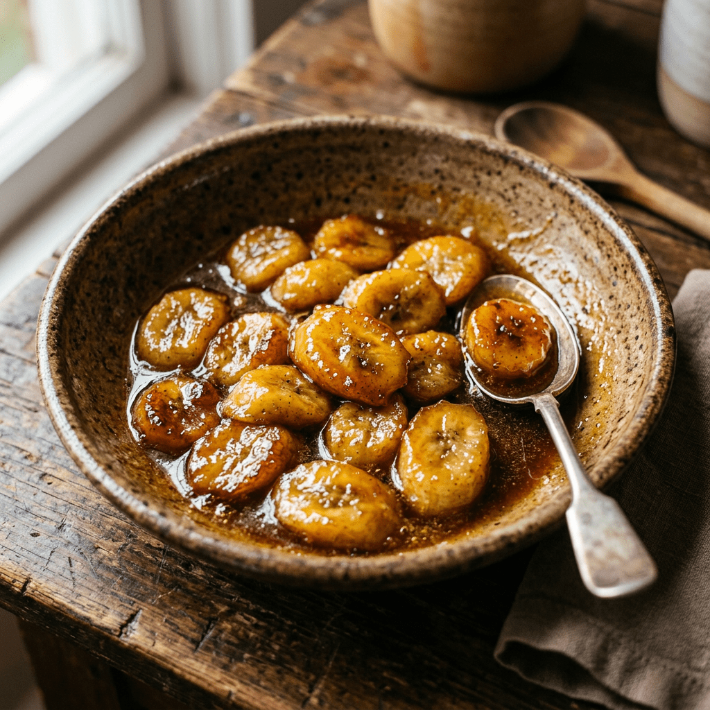 Caramelized banana slices in syrup in a rustic ceramic bowl with a spoon