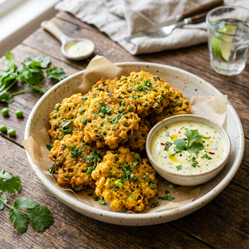 Plate of vegetable pakoras garnished with herbs and a bowl of cilantro dipping sauce