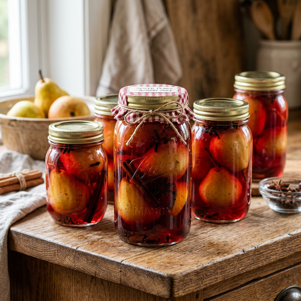 Glass jars filled with pears and spices in red liquid on wooden table