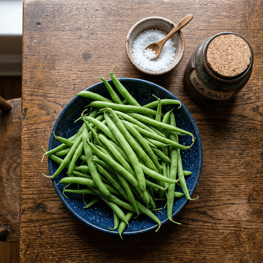 Blue bowl of fresh green beans with a container and bowl of sea salt on wooden table