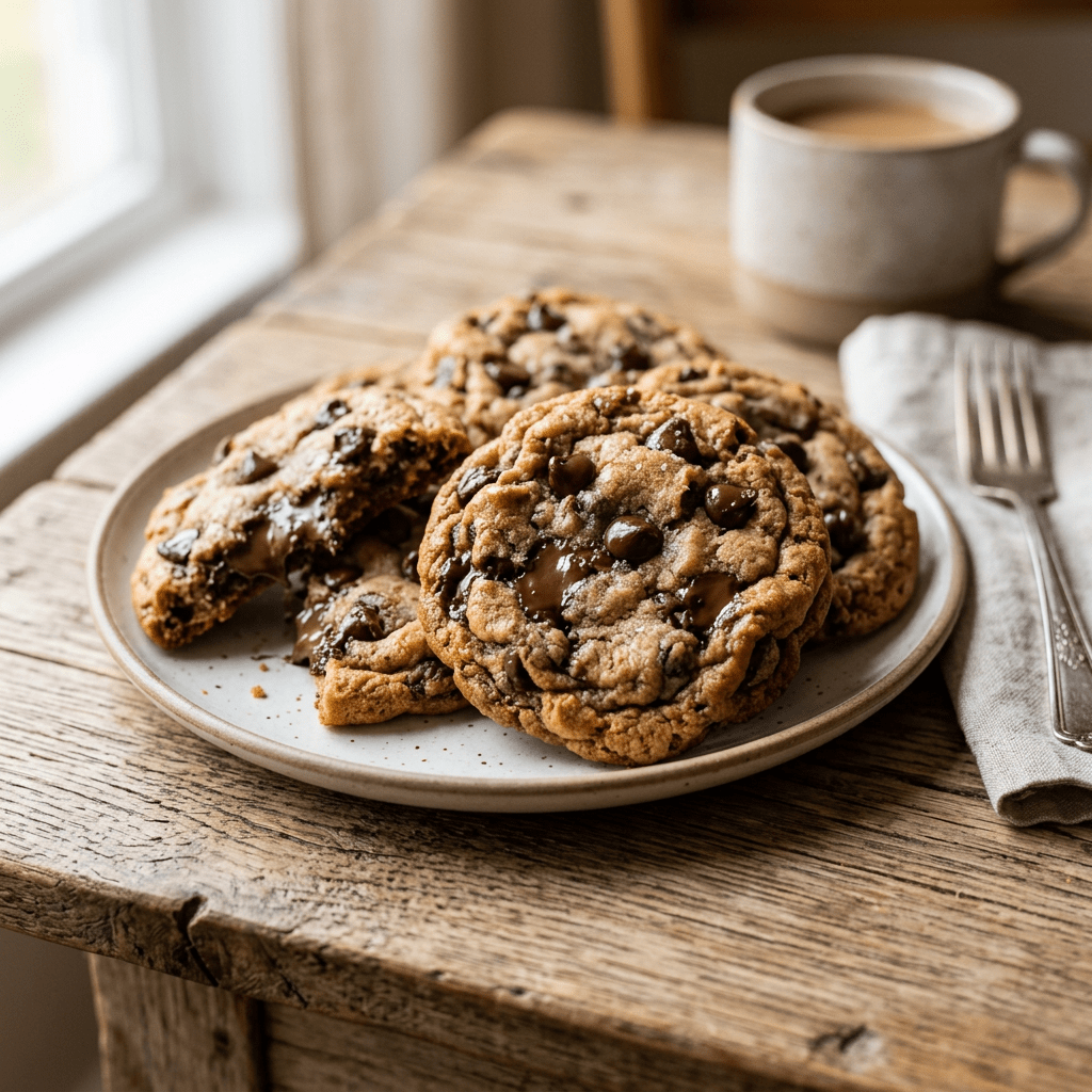 Plate of warm chocolate chip cookies with melty chocolate and a cup of coffee
