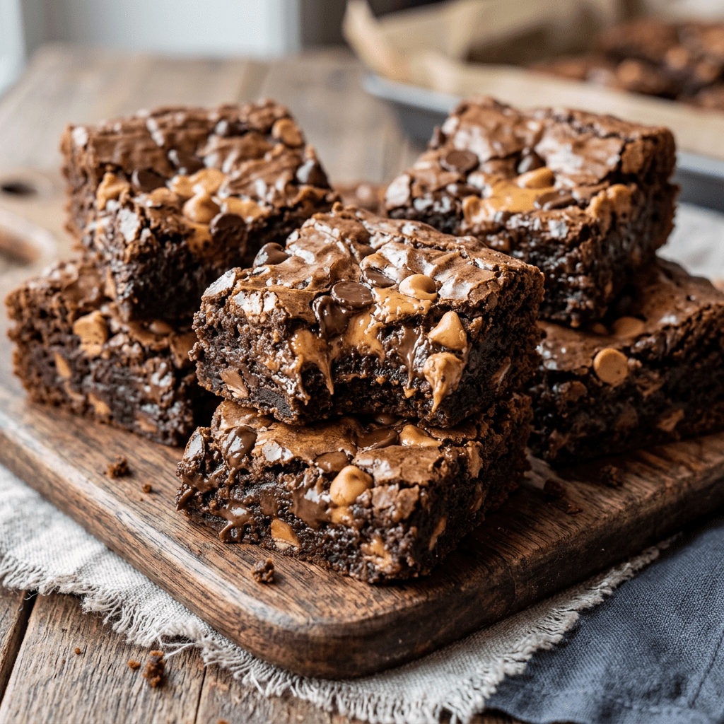 Stack of chocolate brownies with peanut butter swirls on a wooden board