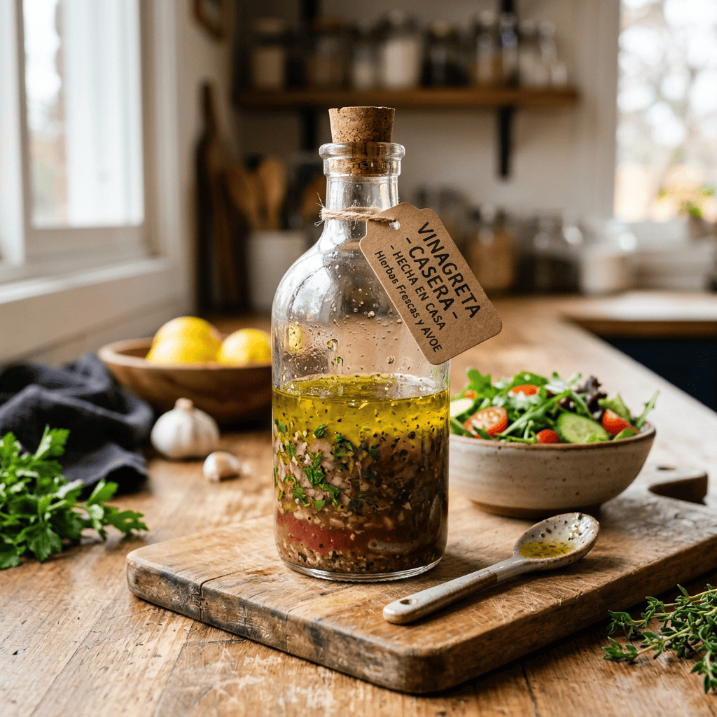 Bottled vinaigrette labeled “VINAGRETTA CASERA, HECHA EN CASA, Hierbas Frescas y AOVE” beside salad